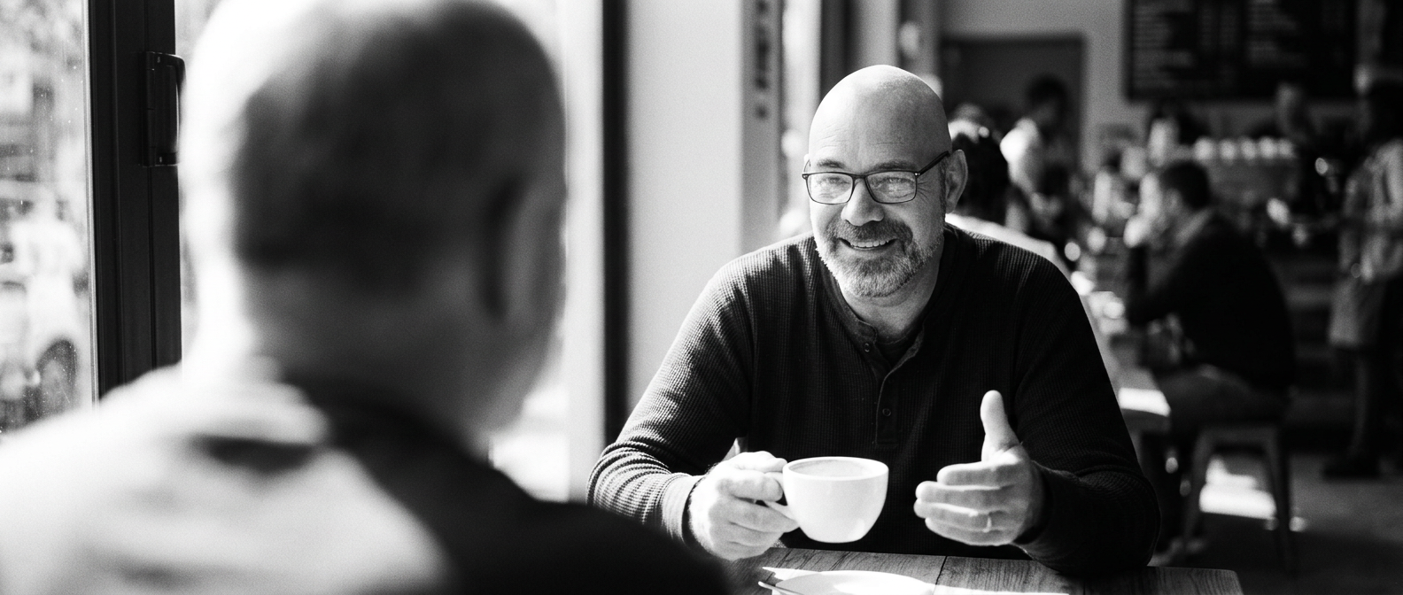 Albert sipping an espresso in a Pretoria coffee shop