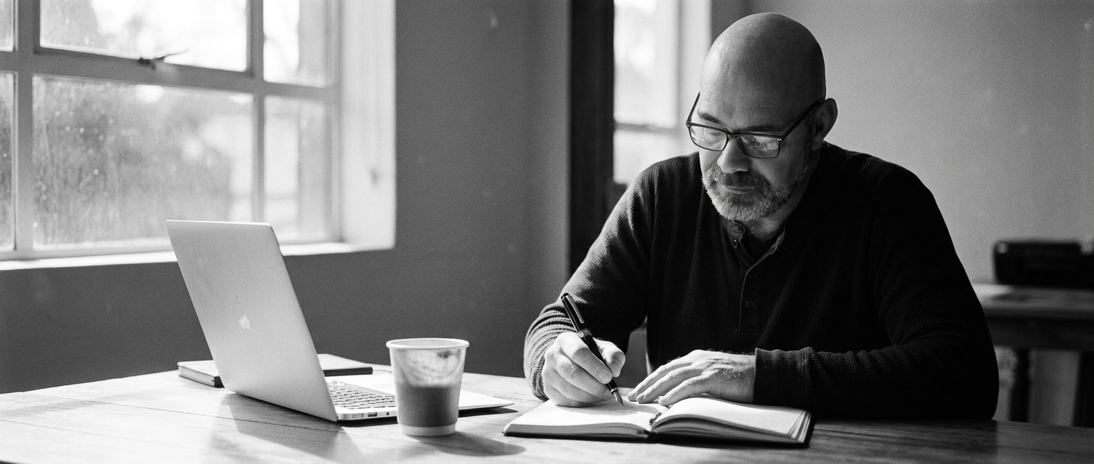 Albert writing in a notebook at a sunlit Pretoria desk