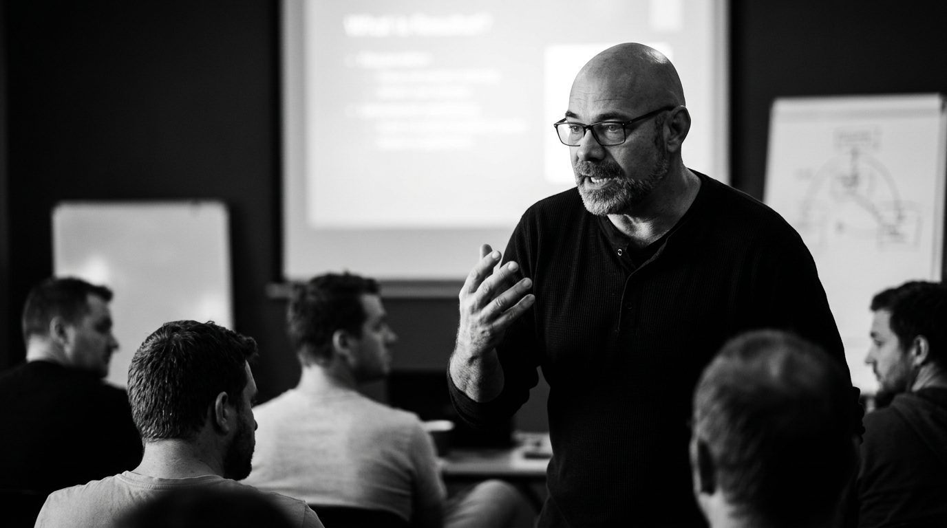 Albert presenting to a seated team in a meeting room, laptops open