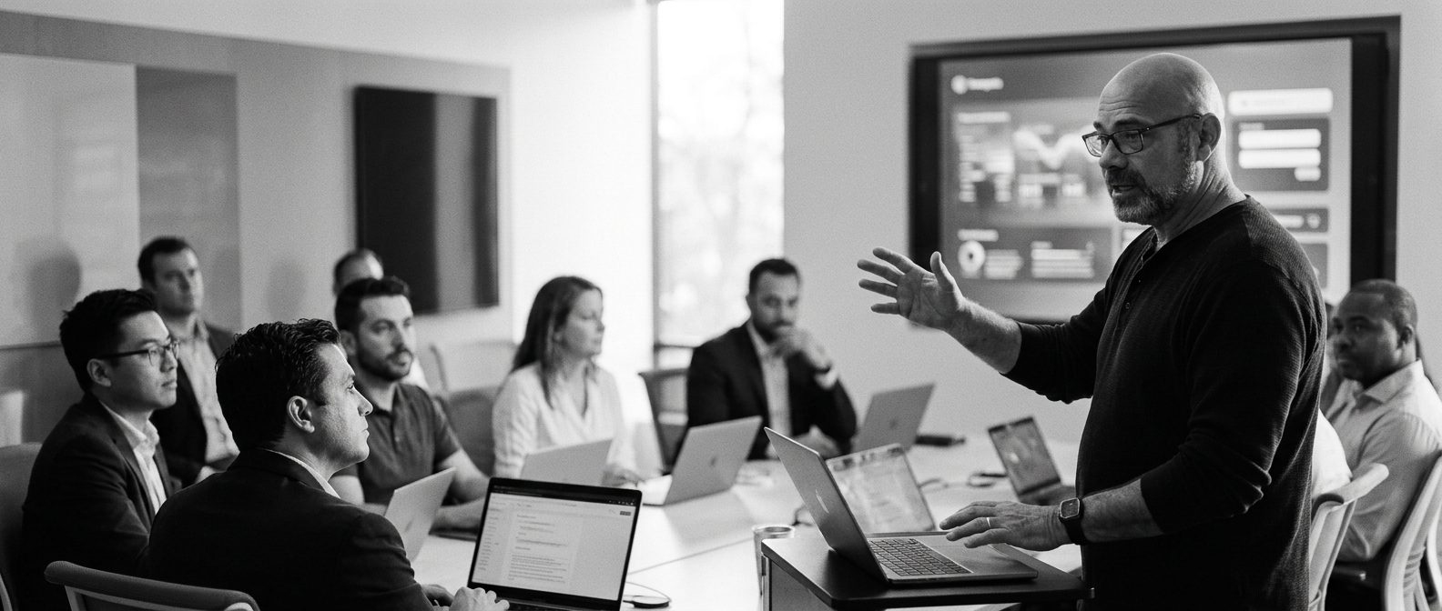 Albert leading a hands-on AI workshop with a team of professionals